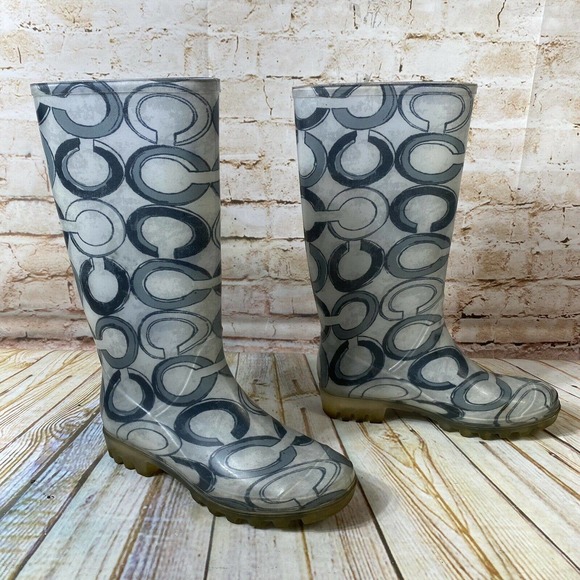Coach Shoes - Coach Signature C Womens Size 6 Grey Black Rubber Rain Tall Boots Shoes